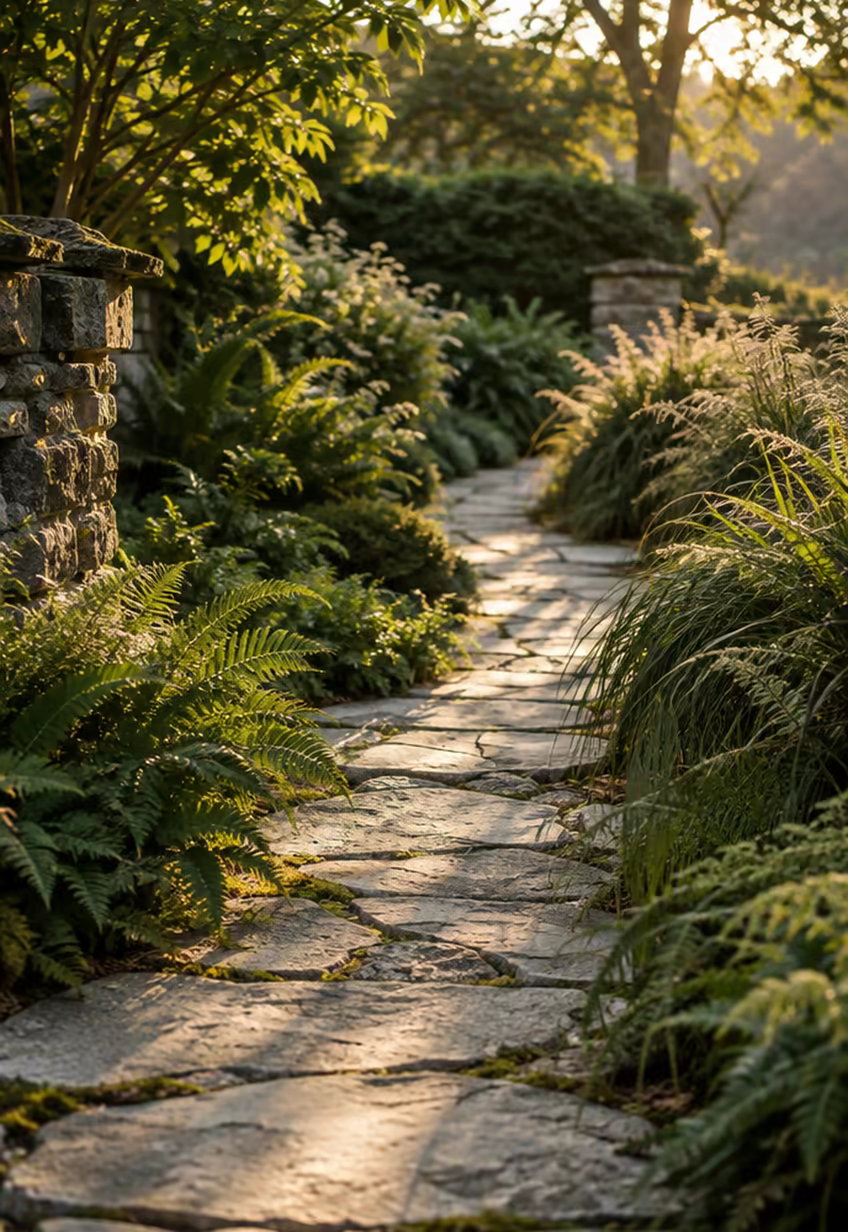 A small walled courtyard garden with pale rendered walls, a tree fern and layered shade planting around a bistro table.
