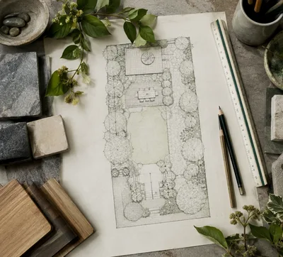 A hand-drawn garden layout plan on a studio table with stone and timber samples, a scale rule and cuttings of foliage.