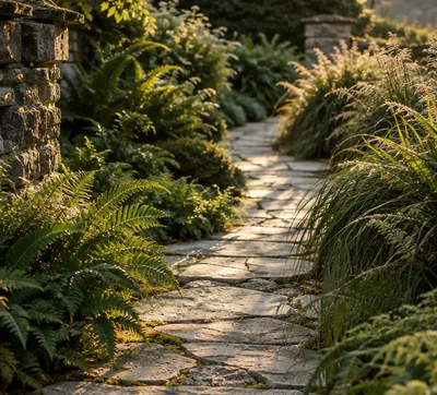 A curving path of irregular natural stone running between deep planted borders in low evening light.