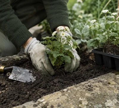 Gloved hands settling a perennial into dark soil, with a trowel and a tray of plug plants alongside.