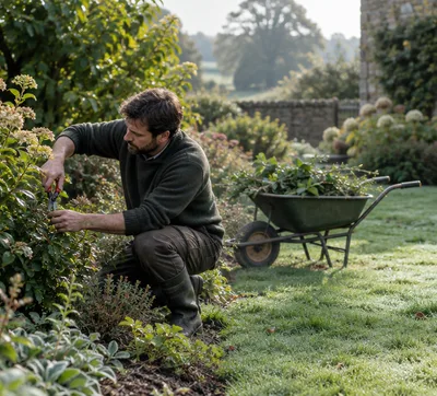 A gardener pruning an established shrub border with secateurs, a wheelbarrow of clippings behind.