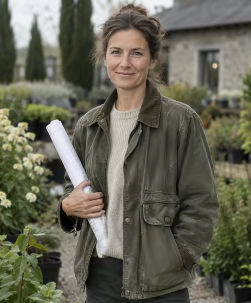 Elena Marsh, garden designer, holding a rolled planting plan among nursery stock.