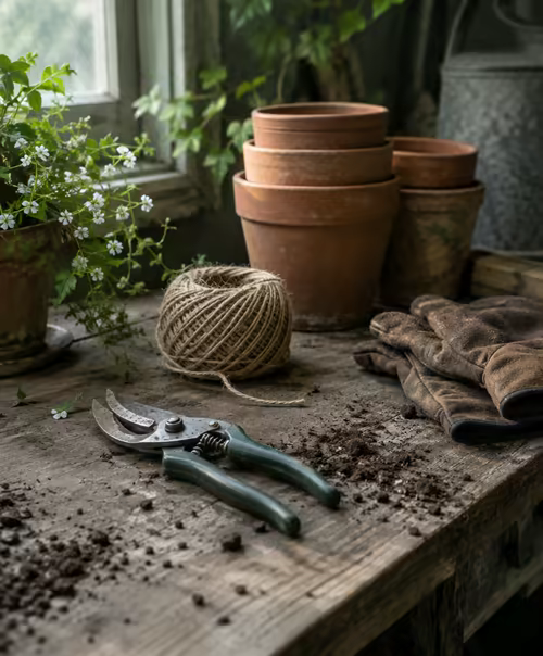 A potting bench with terracotta pots, twine and hand tools laid out beside trays of young plants.