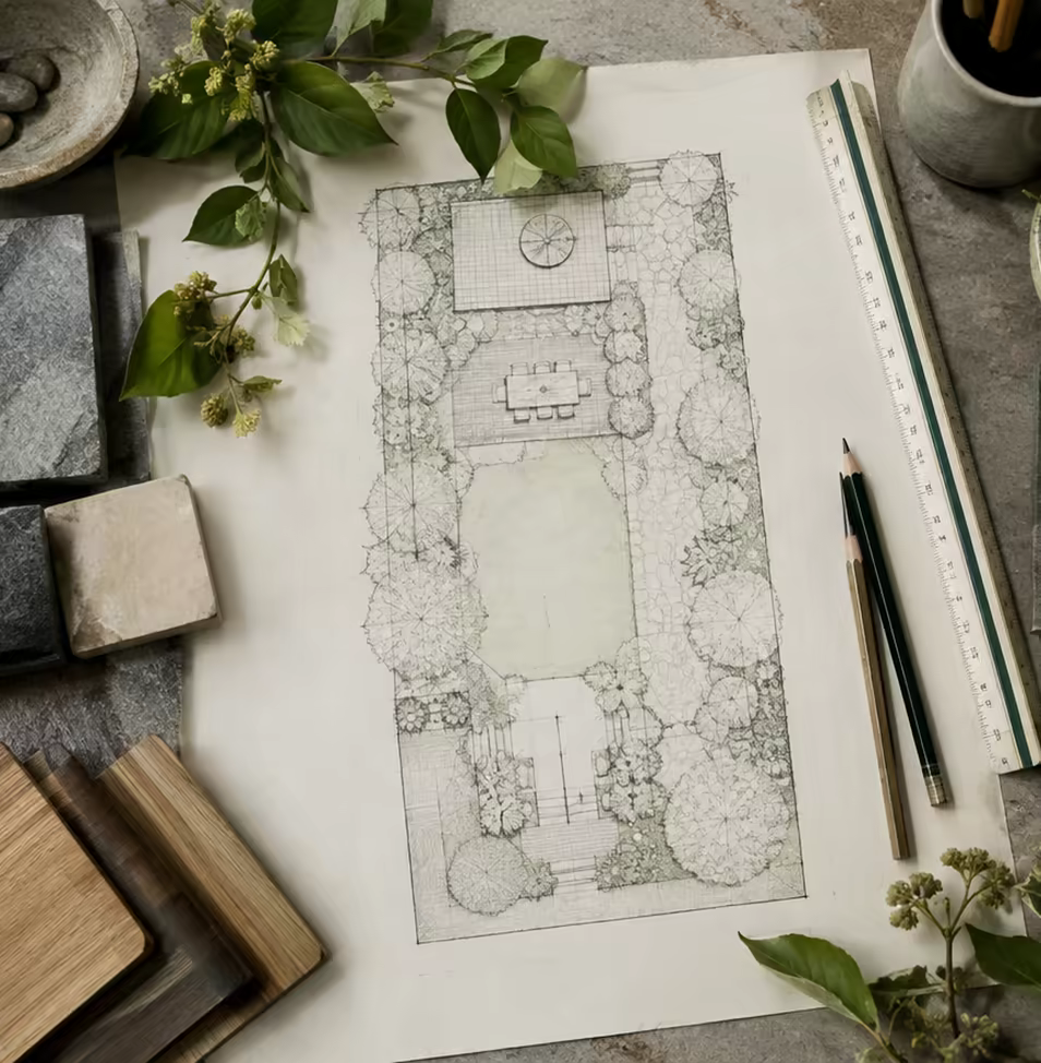 A garden layout plan drawn at scale on a studio table, with stone and timber samples weighing down the corner.