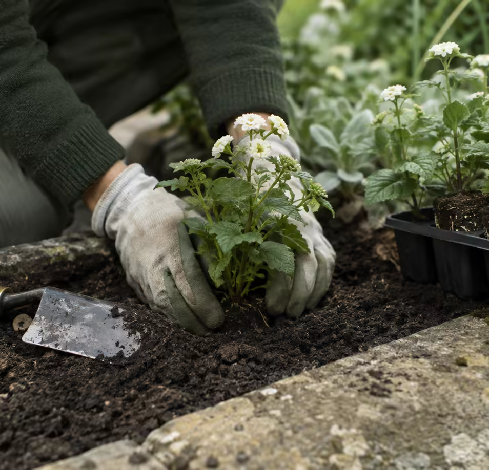 Gloved hands firming a young plant into dark soil beside a tray of plugs and a trowel.