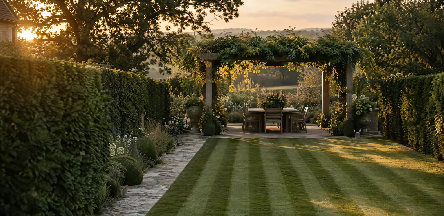 A long lawn running to a timber pergola and outdoor dining table, hedges either side, low evening sun behind.