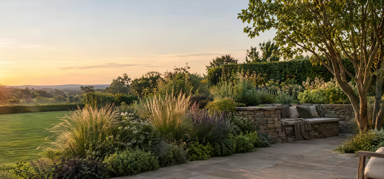 A finished garden at golden hour: a sandstone terrace, a dry-stone seating wall and deep borders of grasses and perennials.