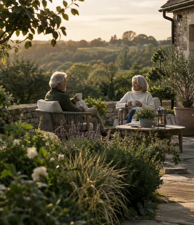 Two clients sitting with coffee on the stone terrace of their finished garden.